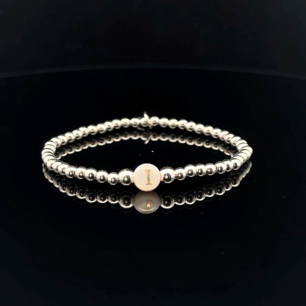925 Sterling Silver Beaded Stretch Stacking Bracelet MOP Letter Initial I - Picture 1 of 6